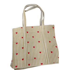 Sustainable Quilted Cotton Tote <b>Bag</b> Handmade Jaipur Block Print Fashion <b>Bag</b> Yellow Red Heart Office Casual Outings Travel Unisex - Product Image 1