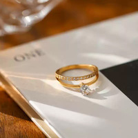 Bague simple et luxueuse à double couche en acier inoxydable avec micro-incrustation de zircon créé en laboratoire, style japonais, petite taille pour femme