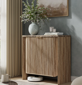 Meuble d'appoint moderne en bois à lattes de style nordique, avec dessus en faux marbre, armoire à chaussures à 2 portes, console minimaliste pour salon - Product Image 5
