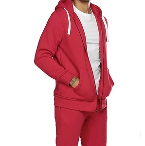 Unisex Red Full Zip Hooded <b>Tracksuit</b> Solid Color Casual Sportswear with Side Pockets and White Drawstrings - Product Image 5