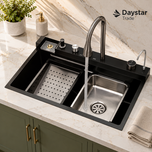 อ่างล้างจานสแตนเลสทรงสี่เหลี่ยมแบบฝังใต้เคาน์เตอร์ ยี่ห้อ Daystar Trade รุ่น Modern พร้อมก๊อกน้ำแบบแฮนด์เมดสี่รู ผิวปัดเงา - Product Image 1