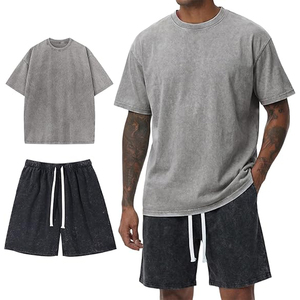 ชุดเซ็ตเสื้อยืดและกางเกงขาสั้นผู้ชายสำหรับฤดูร้อน ผ้าฝ้ายลำลองทรงหลวมสไตล์สตรีทแวร์ ชุด 2 ชิ้น ล้างสีแบบแอซิดวอช - Product Image 1