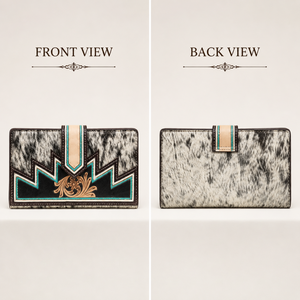 Portefeuille à rabat en cuir travaillé à la main avec poils |   Porte-cartes long en cuir de vachette style bohème Western |   Export OEM 2026 pour femmes - Product Image 3