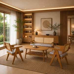 Juego de Muebles de Salón Modernos Escandinavos Malmo de Teca y Ratán con Acabado Miel, Mesa de Centro Ovalada Premium, Estante, Sofá de Mimbre, para Hotel o Salón, No Plegable - Product Image 6