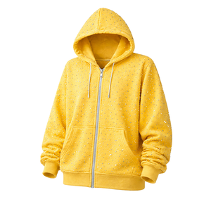Sudadera con capucha unisex amarilla con cremallera y pedrería, 100% algodón polar, estilo oversize casual streetwear, bolsillo canguro, secado rápido, antiarrugas - Product Image 2