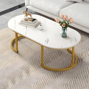 Mesa de Centro Ovalada de Estilo Moderno con Aspecto de Mármol Antiguo y Estructura Metálica para Sala de Estar, por KS International - Product Image 5
