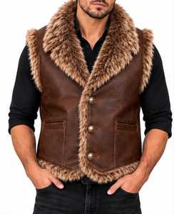 Gilet en cuir marron pour homme avec col en fourrure, double boutonnage - Product Image 1