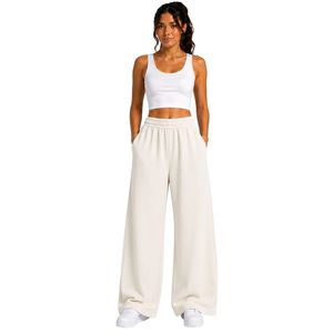 Custom <b>White</b> Wide Leg Sweatpants Women Elastic Waist Loose Fit Cotton Fleece <b>Trousers</b> Oversized Lounge Pants Casual Streetwear - Product Image 1