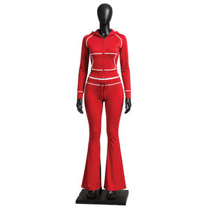 Conjunto Deportivo Personalizado para Mujer, Sudadera Roja con Capucha y Pantalones Acampanados, Ropa Deportiva de Dos Piezas, Marca Privada, Proveedor de Ropa al Por Mayor - Product Image 1