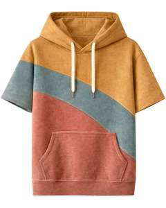 เสื้อฮู้ดแขนสั้นผู้ชาย สีมัสตาร์ด เทอล และสีน้ำตาลสนิม แบบคัลเลอร์บล็อก ผ้าฝ้ายฟลีซ สไตล์ลำลอง สตรีทแวร์ มีกระเป๋าจิงโจ้ - Product Image 1