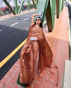 KV for <b>Satin</b> Crepe Silk Traditional Printed Party <b>Saree</b> with Unstitched Blouse - Product Image 6