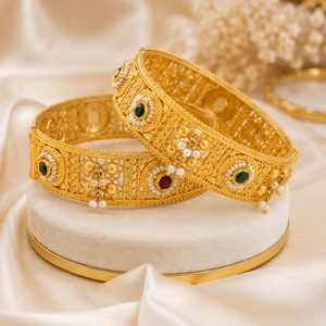925 Silver Antique Bangles Traditional Stone Pearl Designer <b>Kada</b> Set for Women Wedding Jewelry - Product Image 5