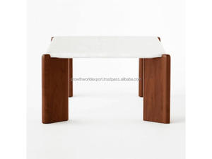 Luxury White Quartz Coffee Table with <b>Solid</b> <b>Wood</b> Base Modern Minimalist Center Table for Living Room Premium Quartz Top Coffee - Product Image 5