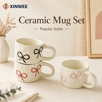 Ensemble de gobelets en porcelaine personnalisés avec nœud, OEM/ODM, marque privée, finition brillante, compatibles lave-vaisselle et micro-ondes, design contemporain