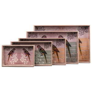 Juego de bandejas decorativas rectangulares con estampado de loros y asas, estilo shabby chic, diseño de panel de madera de 4 piezas - Product Image 5