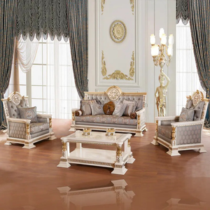 Elegante Juego de Sofás de Madera de Teca de Lujo, Estilo Clásico Europeo Real Francés, Tallado a Mano, Tapizado, Muebles para Sala de Estar de Villa - Product Image 1