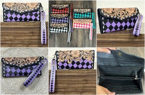 Cartera de Mujer de Cuero Vacuno con Diseño a Cuadros y Grabado Floral, Estilo Occidental, Hecha a Mano, con Correa de Muñeca de Cuero Genuino - Product Image 3