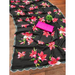 NUEVA LLEGADA GEORGETTE IMPRESIÓN DIGITAL TRABAJO SAREE CON BLUSA UNSTITCEHD NEGRO - Product Image 1