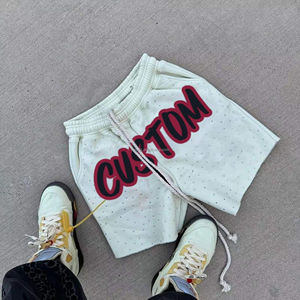Pantalones Cortos Deportivos de Lona Desgastada para Hombre, con Logotipo Personalizado Bordado, Pedrería, Lavado Ácido, Estilo Vintage, Casual y Ecológico - Product Image 1