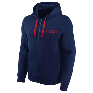 Sweat-shirt à capuche pour homme, bleu marine, fermeture éclair intégrale, coupe classique, en molleton de coton uni, avec logo rouge imprimé - Product Image 1