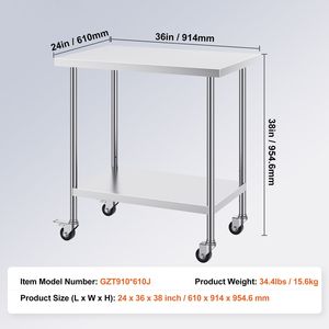 24x36x38 Inch Stainless Steel <b>Prep</b> <b>Table</b> with 4 Casters and 3 Height Settings Freestanding for Restaurant <b>Kitchen</b> Use - Product Image 4