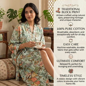 Robe Kimono Vintage en Coton à Motifs Floraux Vert Sauge, Manches Longues, Col en V, Peignoir Long Fait Main pour la Détente et les Vacances - Product Image 4