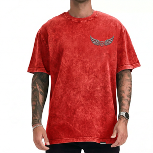 Camiseta de algodón lavado oversize para hombre con logo de alas en relieve frontal, casual, de manga corta, cuello redondo, gris liso, de punto jersey, ajuste cómodo. - Product Image 4