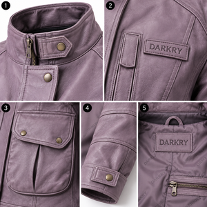 <b>Womens</b> Purple Leather Field Jacket Stand Collar Utility Pocket Zipper <b>Outerwear</b> Casual Retro Trucker Biker Windproof Coat - Product Image 6