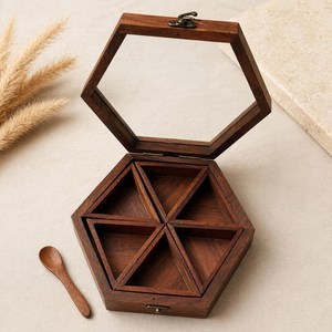 Handcrafted Hexagon <b>Spice</b> <b>Box</b> | Sheesham Wood Masala Dabba 6 Compartment Organizer - Product Image 4