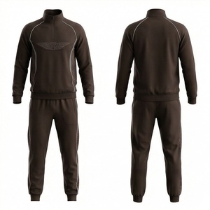 <b>Men's</b> Dark Brown <b>Tracksuit</b> Full Zip Front Logo Solid Color Casual Sportswear With Side Pockets Regular Fit Autumn Wear - Product Image 1