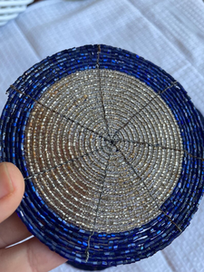 Set of 6 Eco-Friendly Luxury Vintage Beaded <b>Coasters</b> Blue <b>Silver</b> Tribal Boho Decor by Whimsy Art Craft Seed Bead & Cotton - Product Image 2