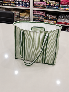 Sac fourre-tout en toile rayé vert et blanc pour femme, style bohème vintage, avec poches intérieures, léger, réutilisable, de haute qualité - Product Image 2