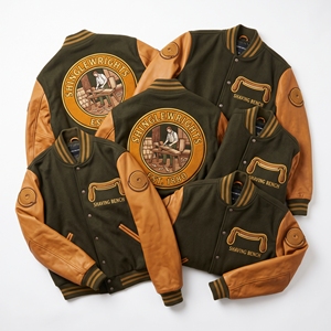 Veste universitaire personnalisée OEM en laine avec manches en cuir, broderie Cloister Guild Arcade, patch Archivolt, manteau bleu ardoise - Product Image 4