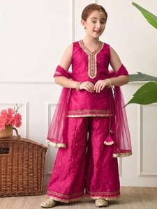 Trending Launching New Designer Girls Children Wedding Diwali Party Wear Silk Top Kurta Set Embroidery Wrinkle-Free Stretchable - Product Image 2