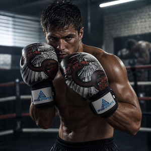 Guantes de Boxeo de Cuero PU Transpirable con Estampado Rojo, Negro y Blanco, Nudillos Acolchados, Correa de Muñeca Ajustable, para Entrenamiento, Sparring y Golpeo - Product Image 5