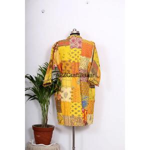 Robe kimono matelassée Kantha vintage de luxe en coton biologique 100% pur, patchwork indien fait main avec ceinture, short d'hiver doux - Product Image 6