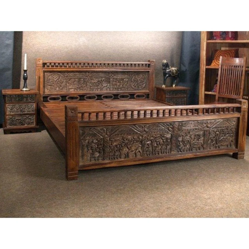 Wholesale High Quality Modern Luxury Bed Furniture Living Home Wooden Premium Carved Solid Wooden Rajasthani Bed