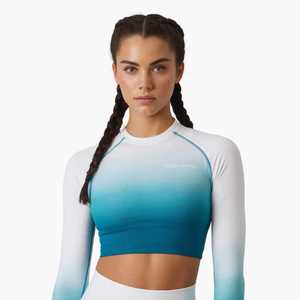 Ensemble de yoga 2 pièces pour femme, respirant, avec haut court à manches longues et leggings taille haute élastique, bleu dégradé, vêtements de sport avec logo frontal - Product Image 5
