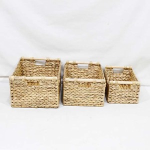 Top Rated Eco-Friendly Braided Water Hyacinth <b>Rectangular</b> <b>Storage</b> <b>Baskets</b> Set 3 Cubes Wood Dowel Home Bathroom Organization - Product Image 2