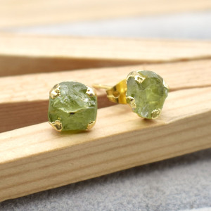 Natural Raw Peridot <b>Stud</b> Earring Gold Electroplated Gemstone <b>Stud</b> August Birthstone Jewelry Minimalist Gift for Her - Product Image 2