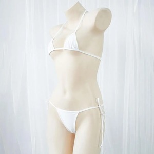 Conjunto de Bikini Blanco Sólido con Tiras y Joyería, Top Triangular Micro y Braguita con Lazos Laterales, Traje de Baño para Vacaciones en la Playa - Product Image 5