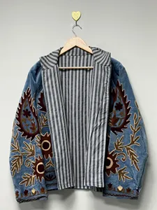 <b>Women</b> Sky Blue <b>Velvet</b> Suzani Embroidered <b>Jacket</b> with Floral Pattern Full Sleeve Stand Collar Bohemian <b>Women's</b> Autumn Coat - Product Image 3