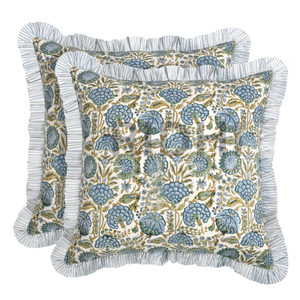 Funda de Almohada Decorativa de Lujo Hecha a Mano 100% Algodón con Estampado Floral Azul y Verde Ridhi, con Volantes y Adornos Florales, en Oferta - Product Image 2