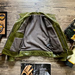Veste d'hiver en cuir véritable pour homme, couleur olive, style workwear, col mandarin, coupe-vent, poches zippées épaisses sur le devant - Product Image 6