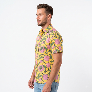 Floral Flock Print Eco-Friendly Knitted Poplin Men's Casual Summer <b>Shirt</b> <b>Short</b> <b>Sleeve</b> Turn-down Collar 100% Cotton - Product Image 3