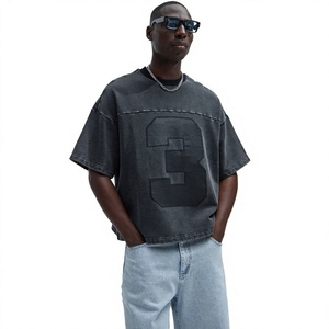 Men's Oversized Denim T-Shirt With Number 3 Print Short Sleeve O-Neck Street Style Cotton Washed Look And Customization For Men - Product Image 1