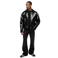 Veste en cuir véritable noir brillant pour homme, effet crocodile, col chemise, fermeture éclair sur le devant, coupe décontractée, streetwear haut de gamme, OEM