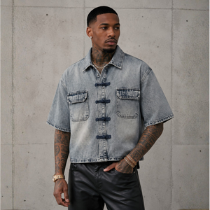Mens Short Sleeve <b>Denim</b> Shirt Acid Wash Frog Button Oriental <b>Cropped</b> Boxy Streetwear Washed Vintage Custom Print OEM Supplier - Product Image 4