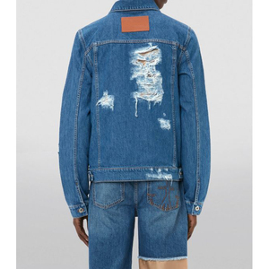 Blousons en jean déchirés bleus pour hommes, style urbain, écologiques, vente en gros, col rabattu personnalisé avec plis et poches sur le devant - Product Image 3