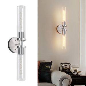 Set di Due Moderne Applique da Parete a Filo Fisso in Nichel Spazzolato, Illuminazione per Bagno con Vetro Trasparente, Elegante Decorazione Murale - Product Image 1